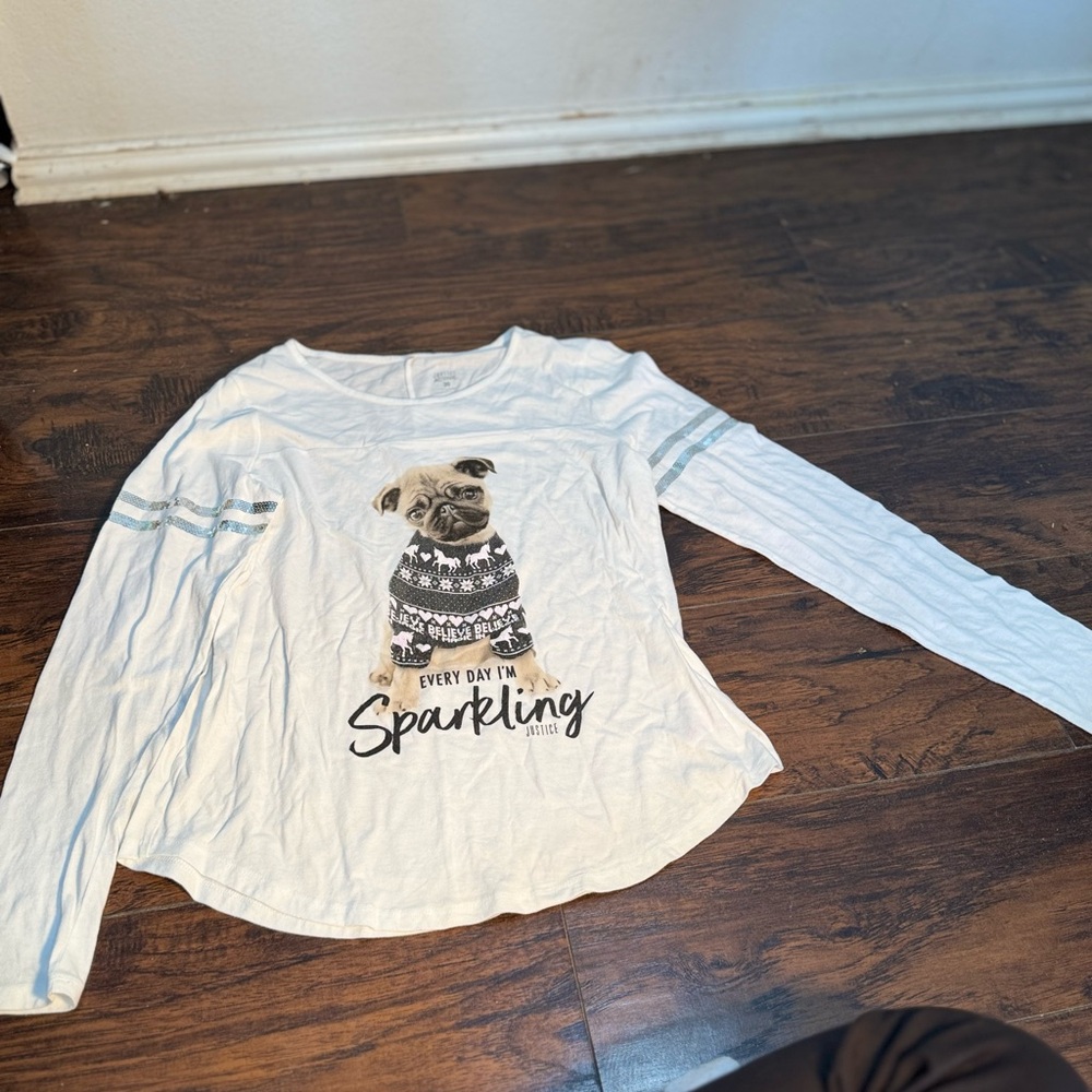 Justice White Long Sleeve Tee with Sparkly Graphic